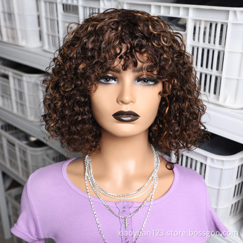 Mayqueen 10a Transparent Ombre Color Short Deep Curly Bob Wig Raw Indian Cuticle Mink Human Hair no Lace Front Wigs With Bang